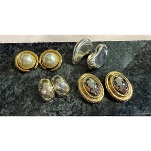 Lot of 4 Vintage Clip-On Earring Monet- Liz Gold & Silver Tones With Pearl